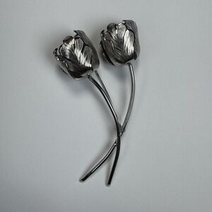 Vintage Giovanni Signed '60s Brushed Silver Tone Stemmed Roses Flower Brooch Pin